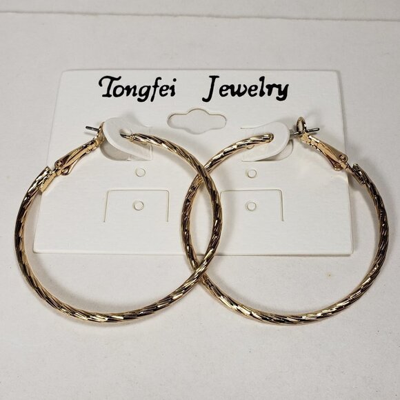 Twisted Gold-Tone Hoop Earrings – Luxe 1.75" Leverback Statement Design Jewelry - Picture 3 of 7